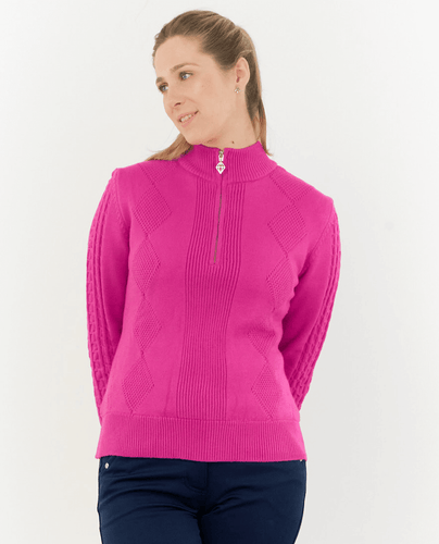 SIZE S - PURE GOLF Sorrell Cable Knit Lined Quarter Zip Jumper 501 Pink Topaz