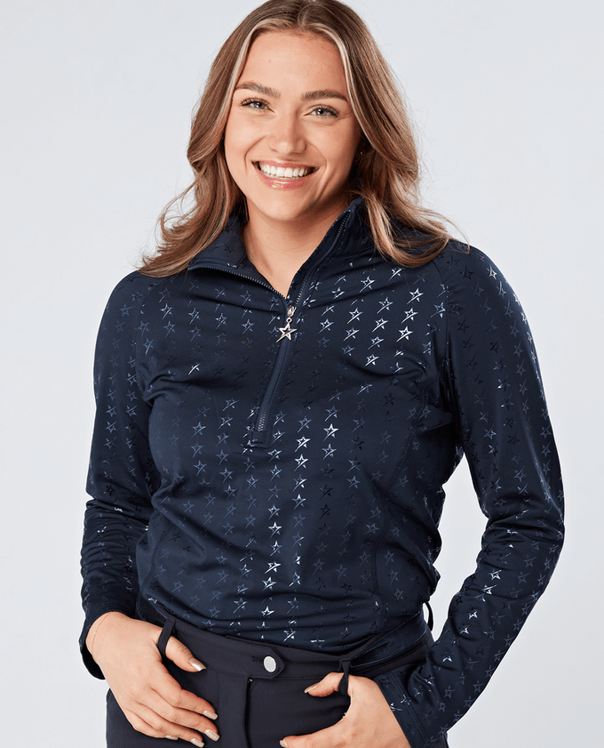 SIZE XS - SWING OUT SISTER Stardust Brushed 1/4 Zip Top Magic Stars Navy