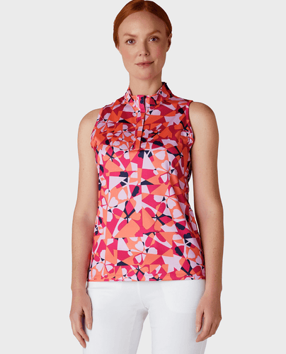 SIZE M - CALLAWAY Geometric Floral Sleeveless Polo CGKSE009 Pink Peacock
