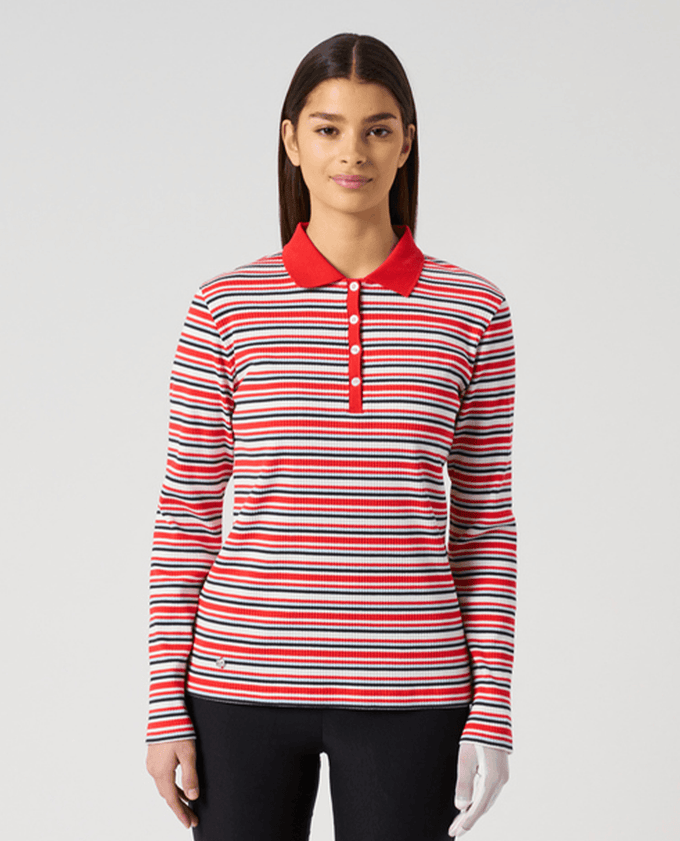 DAILY SPORTS Stripe Rib Long Sleeve Polo 914 Poppy