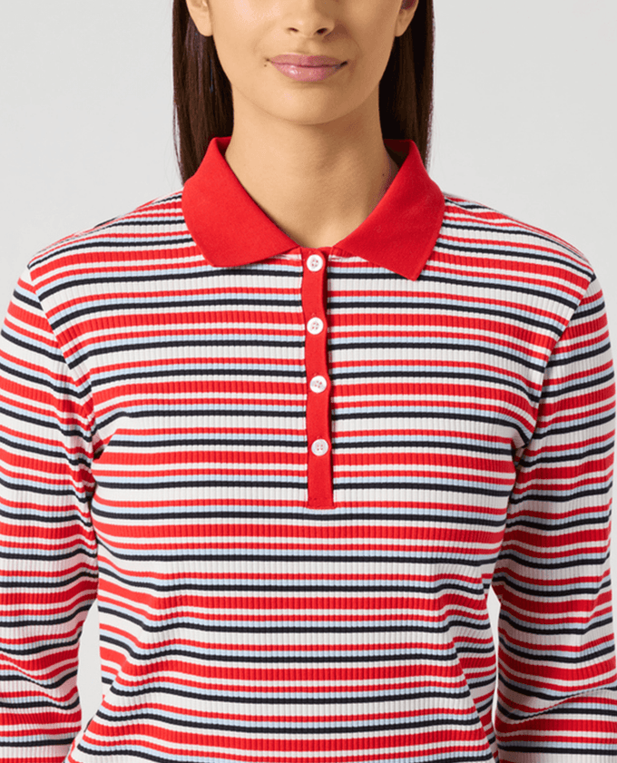 DAILY SPORTS Stripe Rib Long Sleeve Polo 914 Poppy