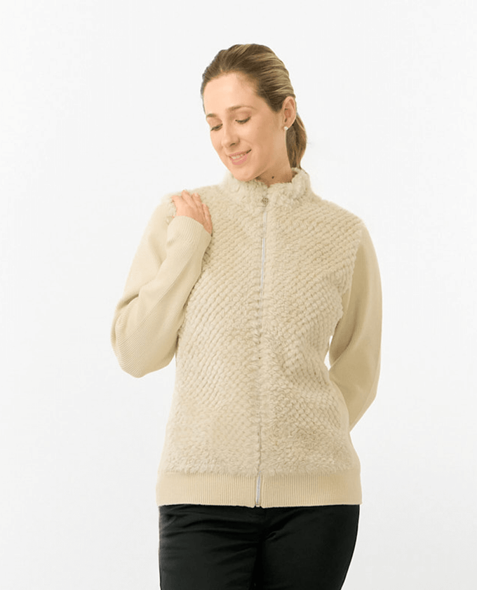 PURE GOLF Ellisa Knitted Zipped cardigan with faux fur front 508 Limestone