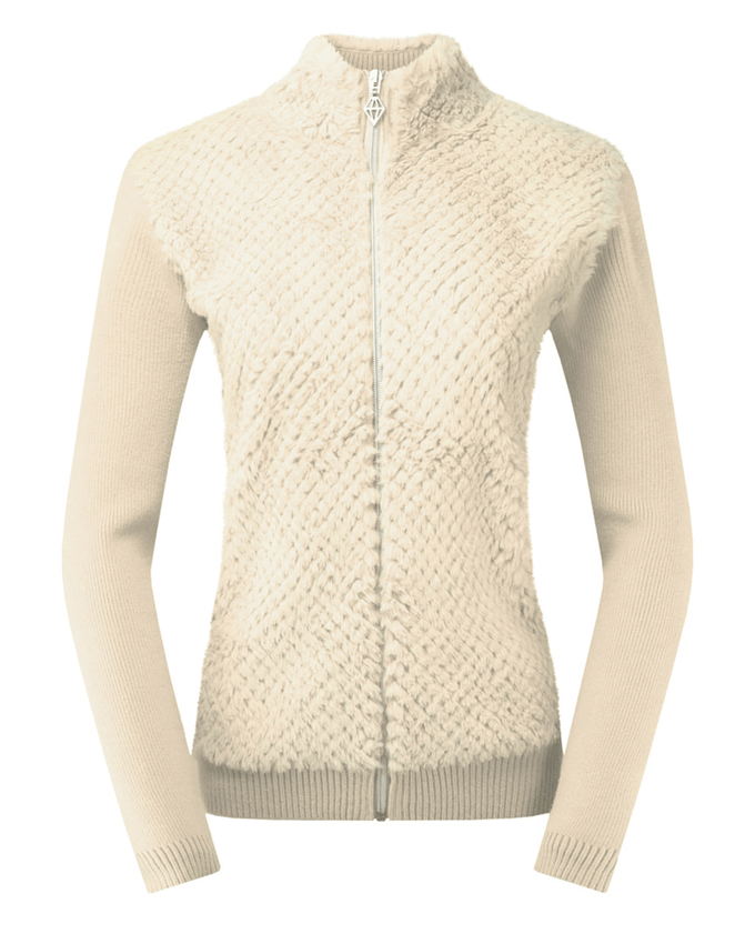 PURE GOLF Ellisa Knitted Zipped cardigan with faux fur front 508 Limestone