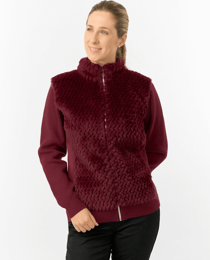 PURE GOLF Ellisa Knitted Zipped cardigan with faux fur front 508 Merlot