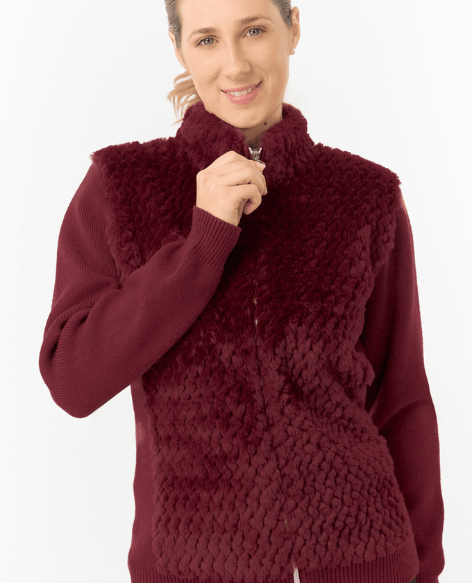 PURE GOLF Ellisa Knitted Zipped cardigan with faux fur front 508 Merlot