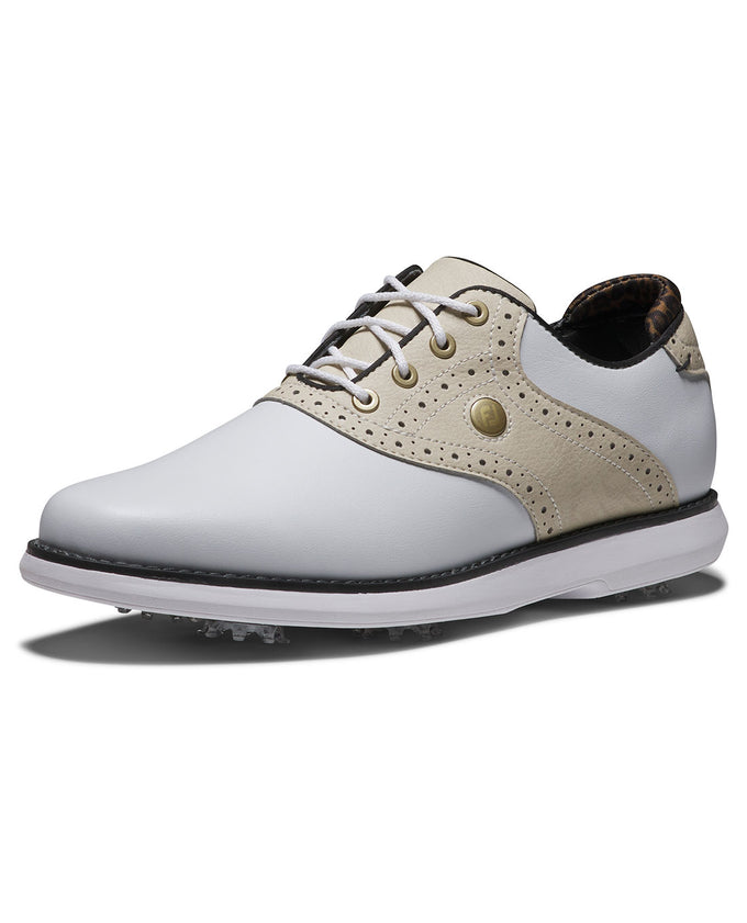 FootJoy FJ Traditions Womens Golf Shoe Wide Fit White/Tan